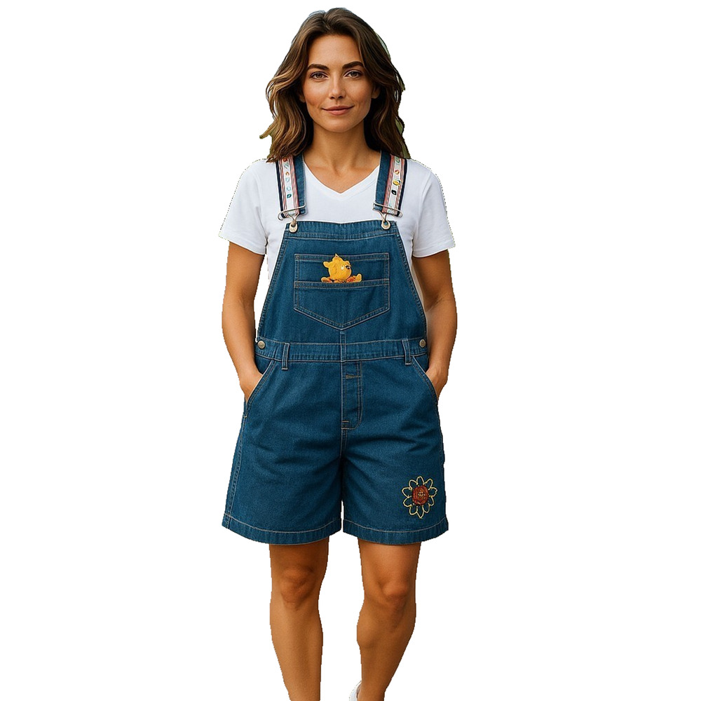 Disney Winnie the Pooh Shortalls Overalls Suspenders Flowers Blue Denim XL NWT